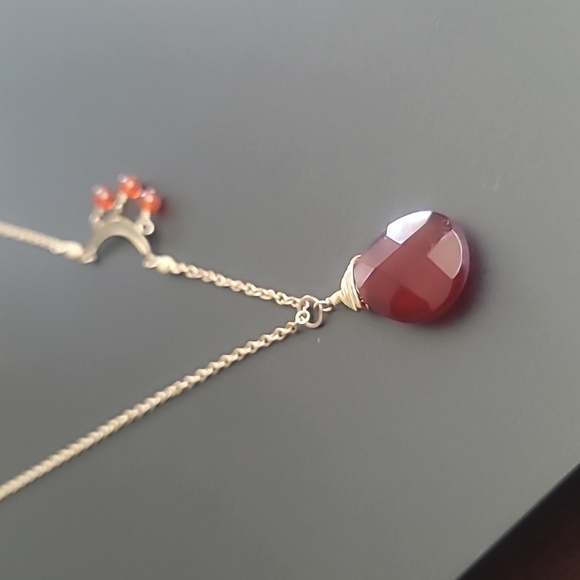 Jewelry - Carnelian Teardrop Pendant Necklace 14kt Gold Filled Half Moon with Dangles